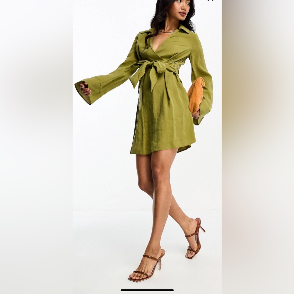 ASOS DESIGN Wrap Collar Mini Dress With Tie Waist Deep Cuff Khaki Size 4 NWT